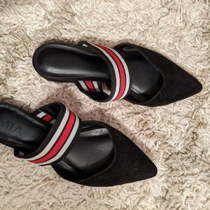 MIA Black Suede Slip Ons with Red and White Accent